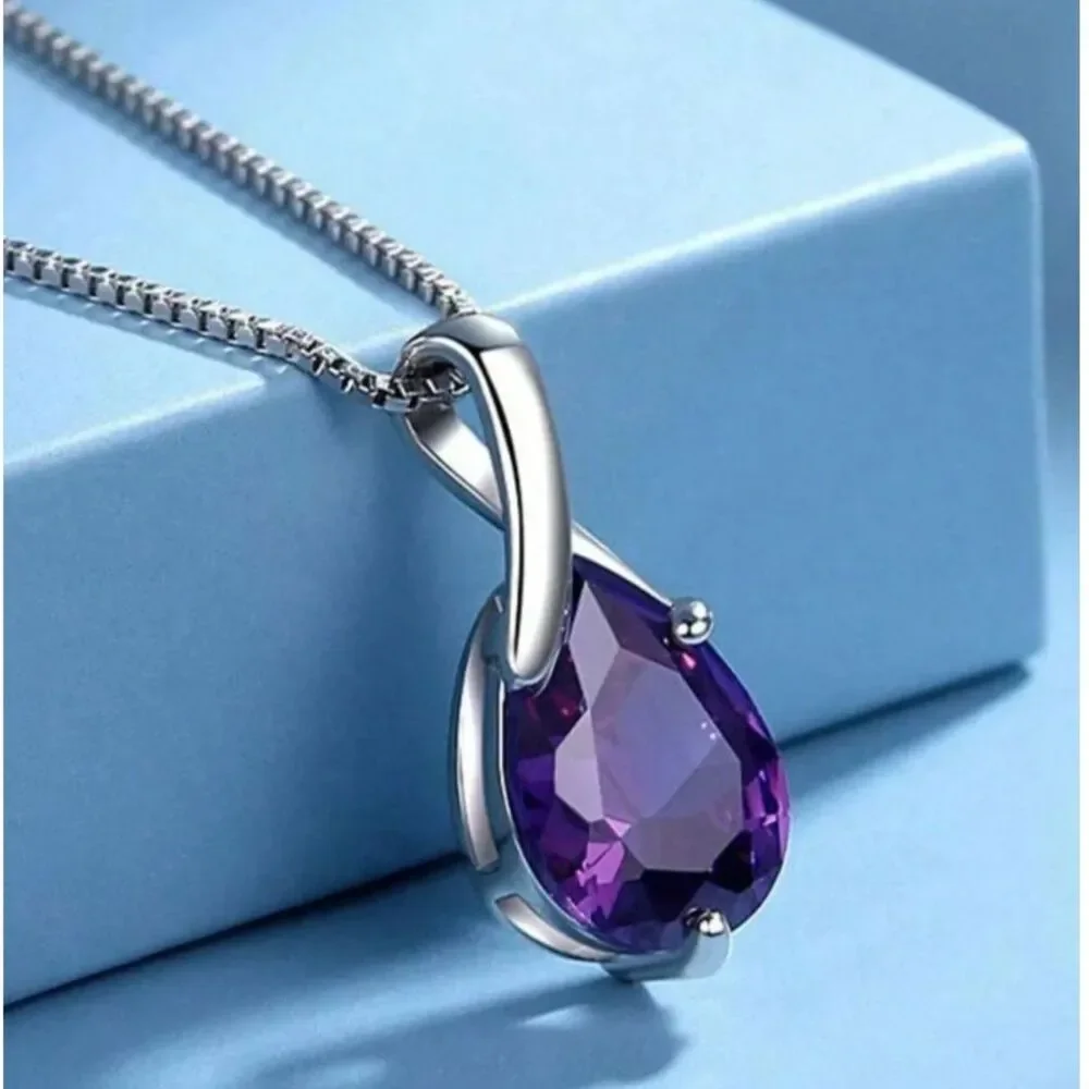 Silver Teardrop Amethyst Purple Crystal Pendant Necklace Gemstone Charm Elegant